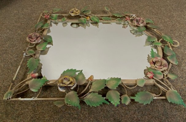 French Wrought Iron Mirror with Roses, 1970s-WZZ-777110