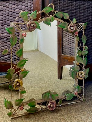 French Wrought Iron Mirror with Roses, 1970s-WZZ-777110