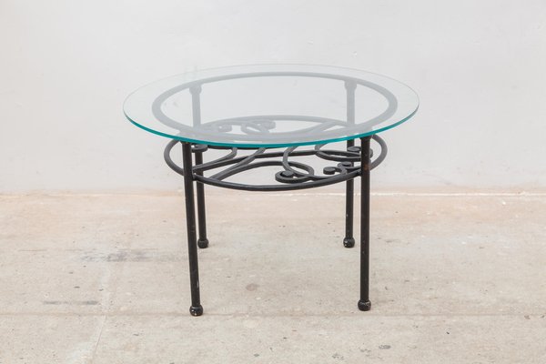 French Wrought Iron Round Coffee Table with Glass Top, 1960s-KL-1274240