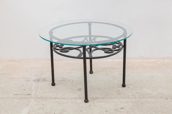 French Wrought Iron Round Coffee Table with Glass Top, 1960s-KL-1274240