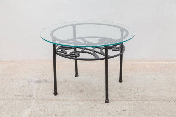 French Wrought Iron Round Coffee Table with Glass Top, 1960s-KL-1274240