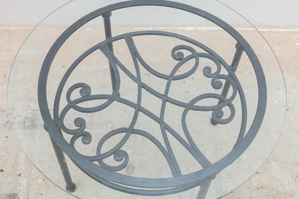 French Wrought Iron Round Coffee Table with Glass Top, 1960s-KL-1274240