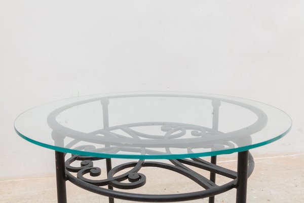 French Wrought Iron Round Coffee Table with Glass Top, 1960s-KL-1274240