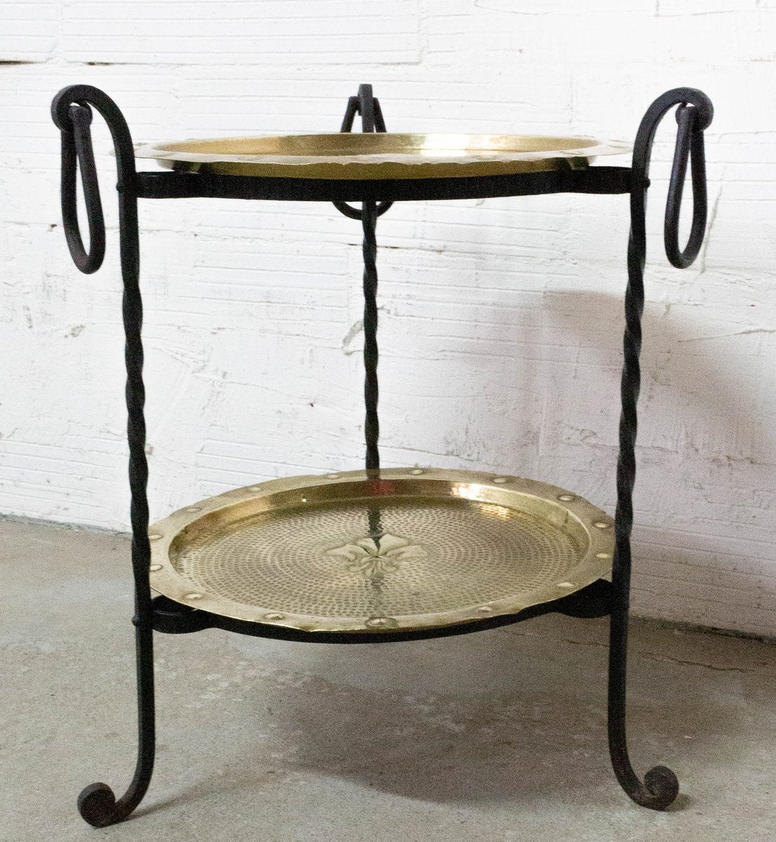 French Wrought Iron Side Table with 2 Removable Copper Trays, 1960s