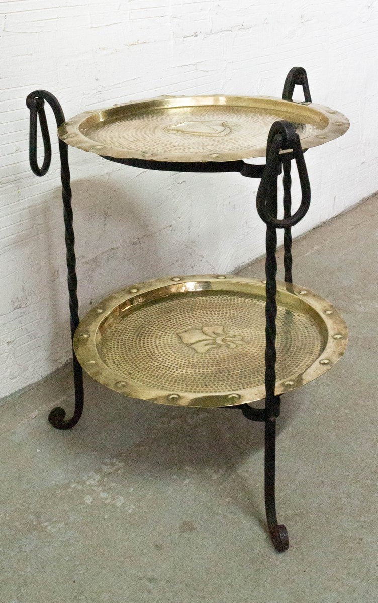 French Wrought Iron Side Table with 2 Removable Copper Trays, 1960s