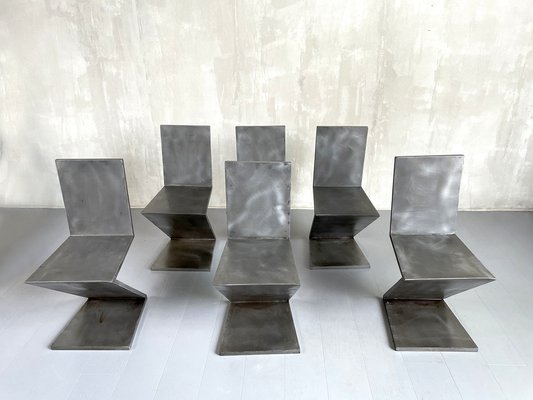 French Zig-Zag Chairs in Steel, 1950, Set of 8-FQ-1336576