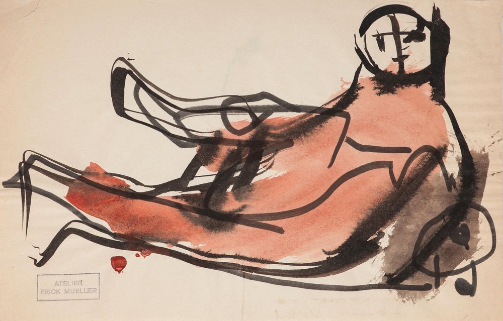 Frick Mueller, Red Creature, Original Watercolor, Mid-20th-Century