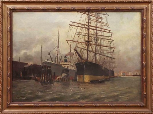 Friedrich Harden, Lively Hamburg Harbor with Four-Masted Barque and Steamship, 1920s, Framed-ZCI-1162808