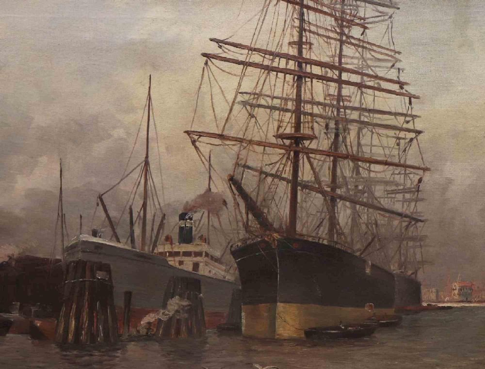 Friedrich Harden, Lively Hamburg Harbor with Four-Masted Barque and Steamship, 1920s, Framed