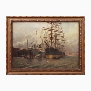 Friedrich Harden, Lively Hamburg Harbor with Four-Masted Barque and Steamship, 1920s, Framed-ZCI-1162808