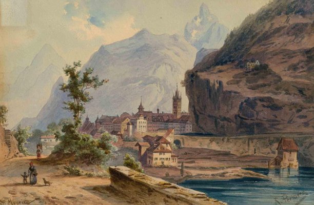 Friedrich Perlberg, View Over the Rhône to St. Maurice, Watercolor, Mid-19th Century-ZCI-1162799