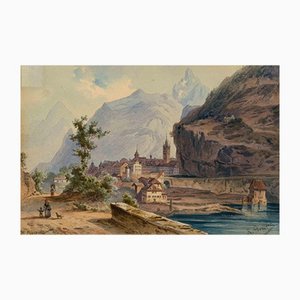 Friedrich Perlberg, View Over the Rhône to St. Maurice, Watercolor, Mid-19th Century-ZCI-1162799