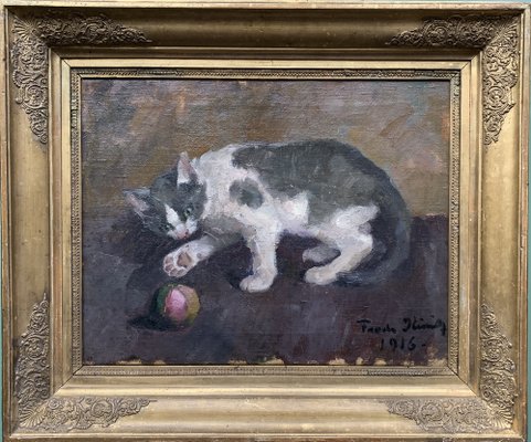 Frode Kierulf, Danish Impressionist Painting, Playing Cat, 1916, Oil on Canvas, Framed-QFT-1282914