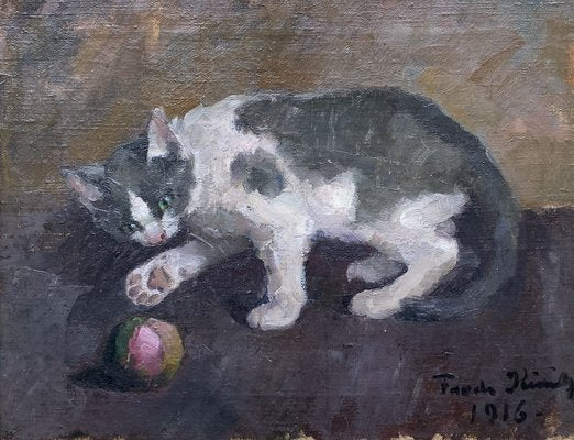 Frode Kierulf, Danish Impressionist Painting, Playing Cat, 1916, Oil on Canvas, Framed-QFT-1282914