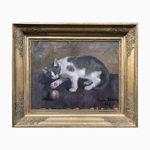 Frode Kierulf, Danish Impressionist Painting, Playing Cat, 1916, Oil on Canvas, Framed-QFT-1282914