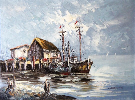 Frozen Ships in Port, 20th-Century, Oil on Panel, Framed-ZYI-1338081