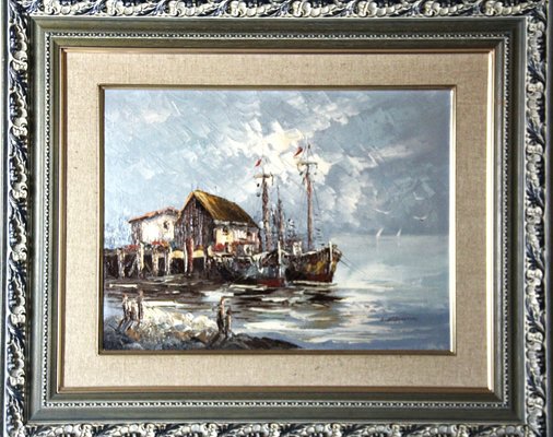 Frozen Ships in Port, 20th-Century, Oil on Panel, Framed-ZYI-1338081