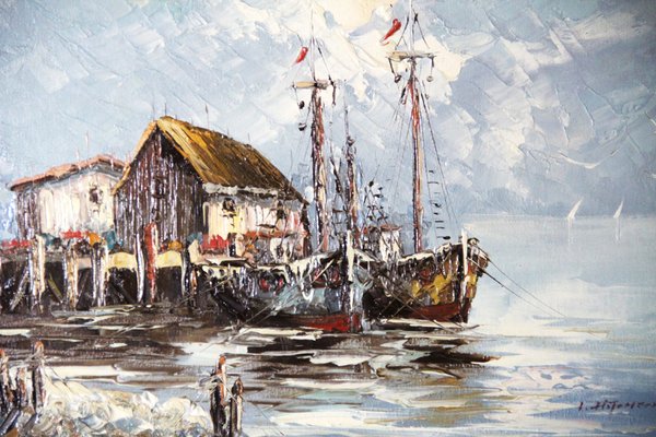 Frozen Ships in Port, 20th-Century, Oil on Panel, Framed-ZYI-1338081