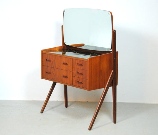 Fully Renovated Danish Teak Dressing Table and Nightstands with Decorated Glass Tops, 1960s, Set of 3