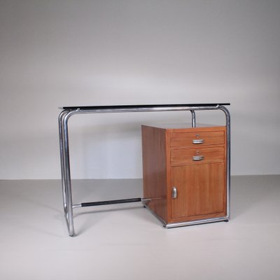 Functionalist Tubular Metal, Wood and Glass Top Desk by Osvaldo Borsani-VJY-1703638