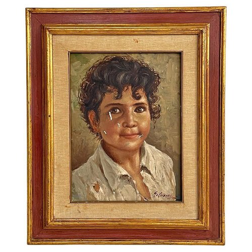 G. Colonello, Young Child, 1900s, Tempera Painting, Framed