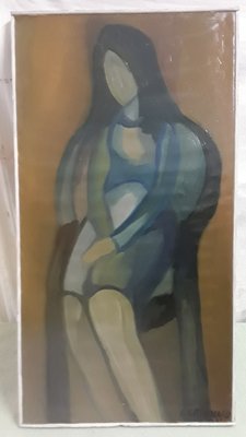 G Grignard, Stylized Sitting Woman, 1965, Original Oil Painting-HOI-1806191