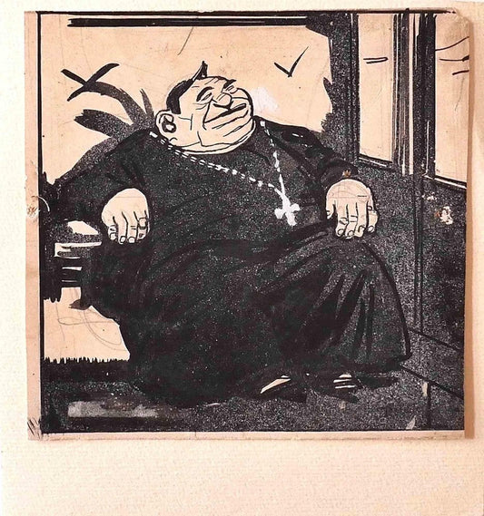 Gabriele Galantara, The Priest, Ink Drawing, 1910s