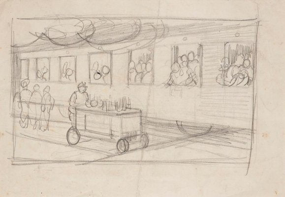 Gabriele Galantara, The Station, Early 20th-Century, Pencil Drawing-ZCI-832218