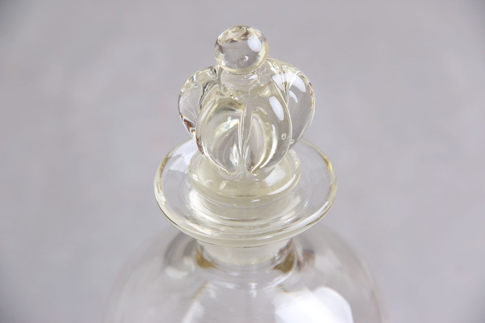 Gacker Bottle with Transparent Crown Stopper by Jacob E. Bang for Holmegaard, Denmark, 1920s