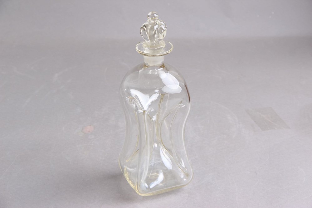 Gacker Bottle with Transparent Crown Stopper by Jacob E. Bang for Holmegaard, Denmark, 1920s