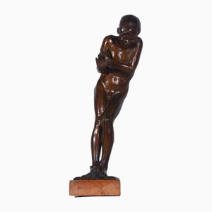 Gaetano Chiaromonte, Child at the Fire, Late 19th Century-Early 20th Century, Patinated Bronze-VHF-1801288