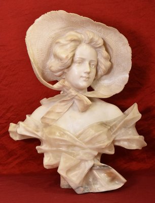 Galileo Pochini, Bust of Young Girl with Hat, 19th Century, Marble and Alabaster-YVI-1788415