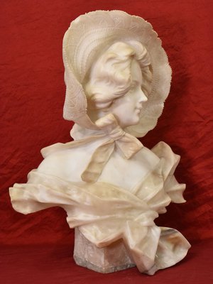 Galileo Pochini, Bust of Young Girl with Hat, 19th Century, Marble and Alabaster-YVI-1788415