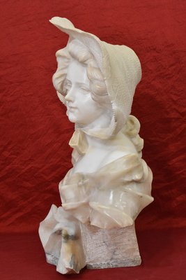 Galileo Pochini, Bust of Young Girl with Hat, 19th Century, Marble and Alabaster-YVI-1788415