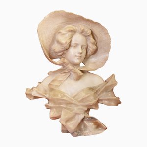 Galileo Pochini, Bust of Young Girl with Hat, 19th Century, Marble and Alabaster-YVI-1788415