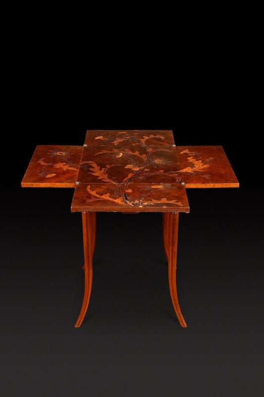 Game Table in Walnut and Veneer Marquetry with Floral Decoration of Thistles by Emile Galle, 1910s