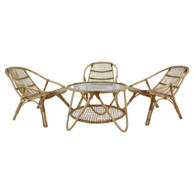 Garden Rattan Table and Armchairs by Alan Fuchs, 1970s, Set of 4-TZ-1117889