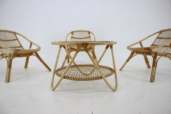 Garden Rattan Table and Armchairs by Alan Fuchs, 1970s, Set of 4-TZ-1117889