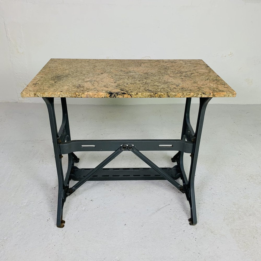 Garden Table with Marble Top on Singer Cast Iron Frame, 1950s