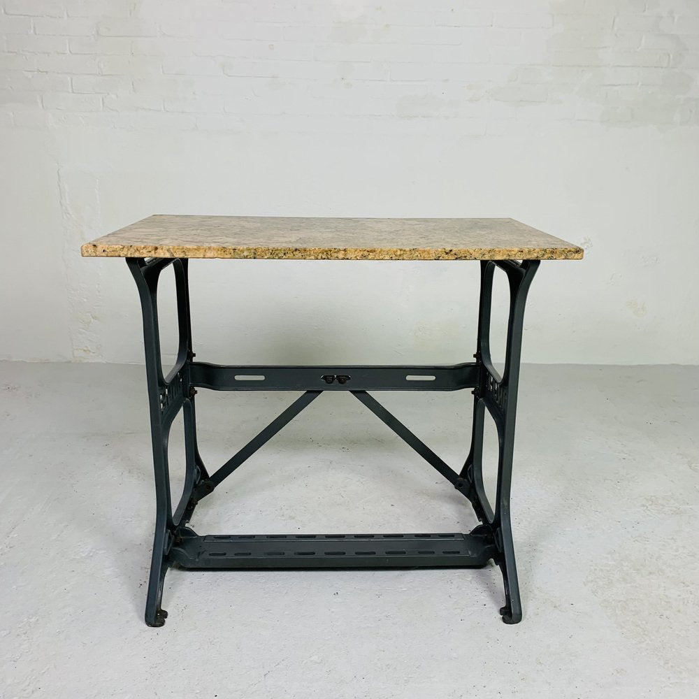 Garden Table with Marble Top on Singer Cast Iron Frame, 1950s