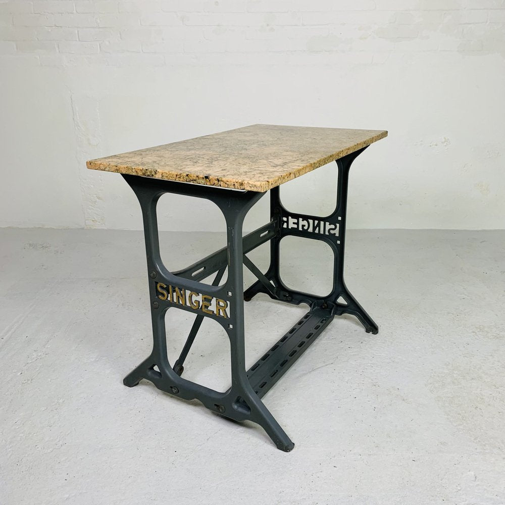 Garden Table with Marble Top on Singer Cast Iron Frame, 1950s