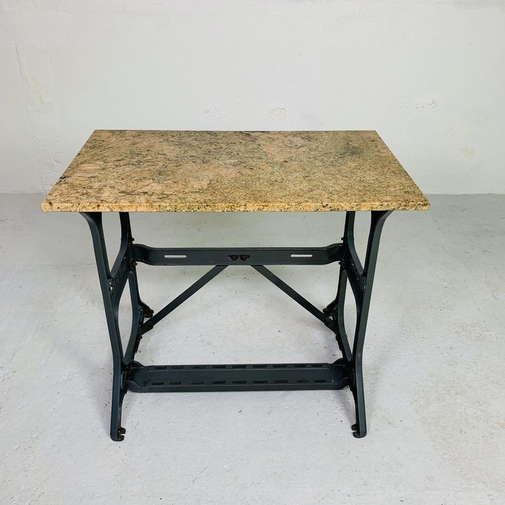 Garden Table with Marble Top on Singer Cast Iron Frame, 1950s