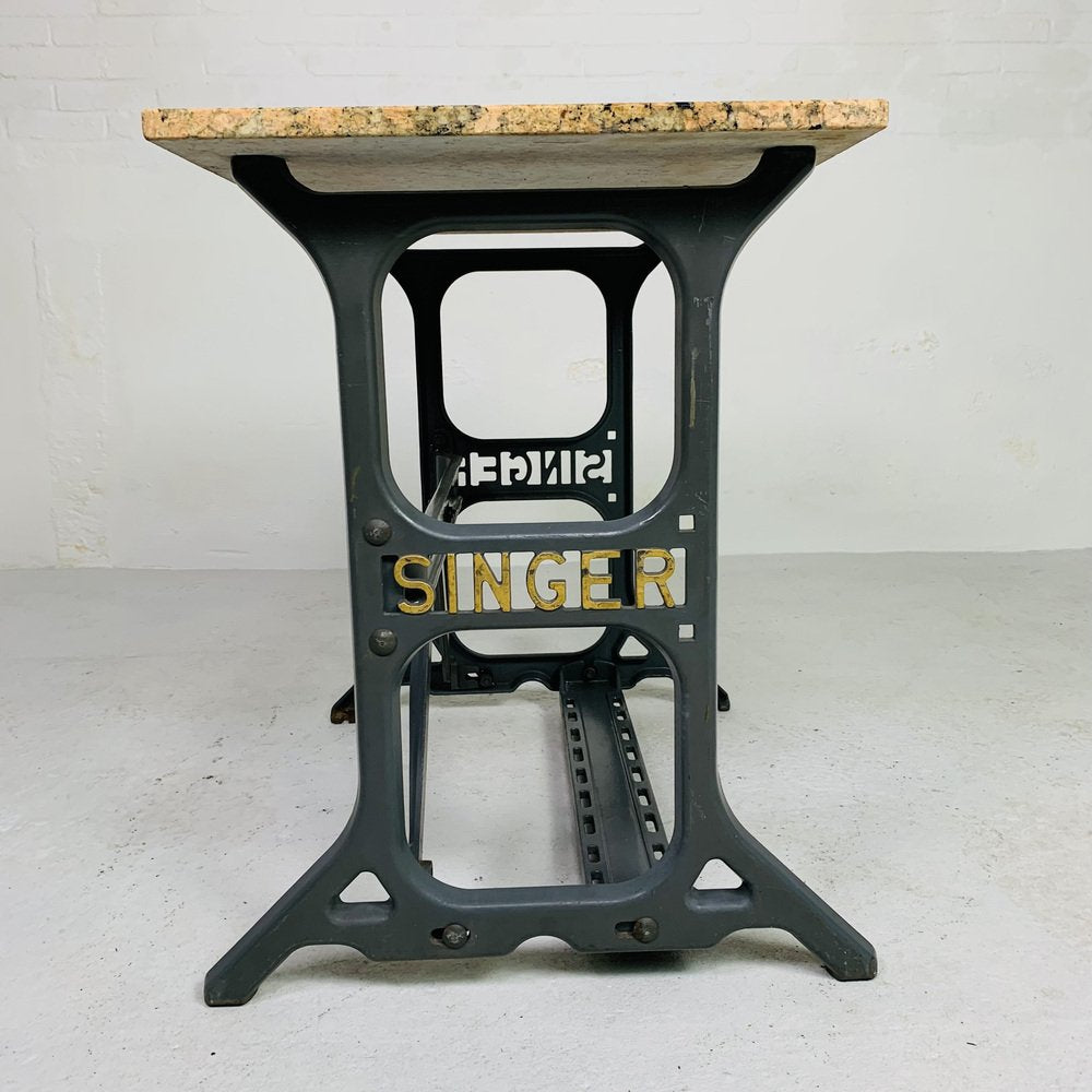 Garden Table with Marble Top on Singer Cast Iron Frame, 1950s