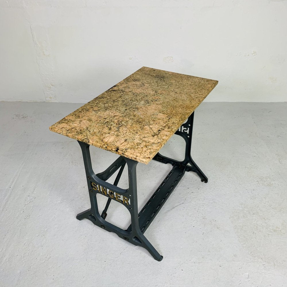 Garden Table with Marble Top on Singer Cast Iron Frame, 1950s