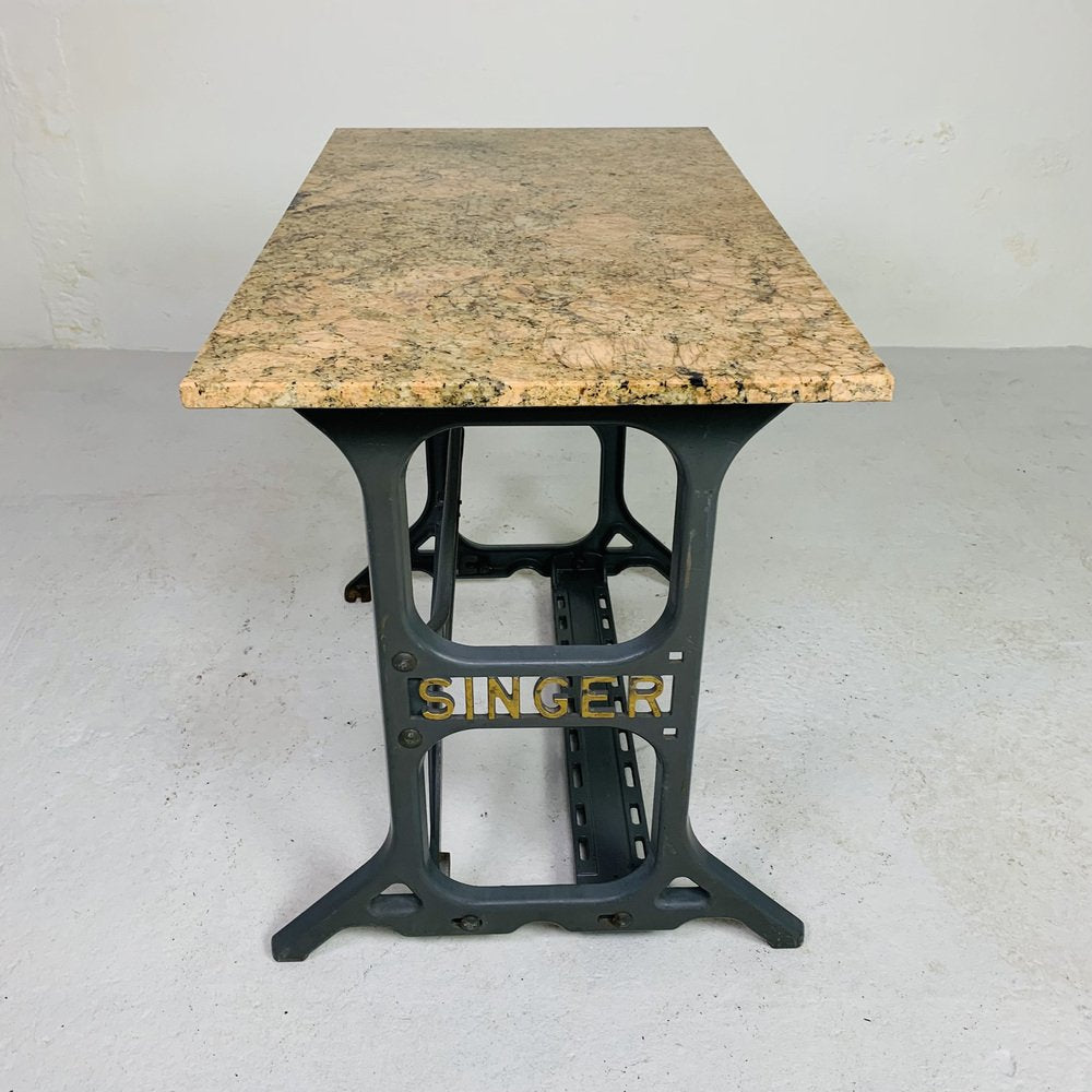 Garden Table with Marble Top on Singer Cast Iron Frame, 1950s