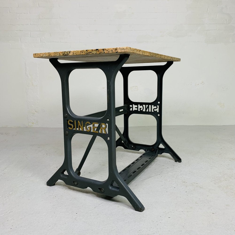 Garden Table with Marble Top on Singer Cast Iron Frame, 1950s