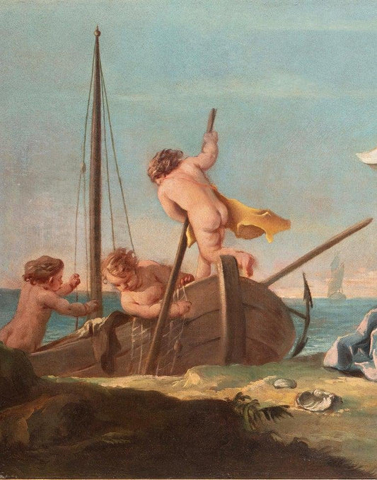 Gaspare Diziani, Venus with Cupid, Boat and Fishermen, 18th Century, Oil on Canvas