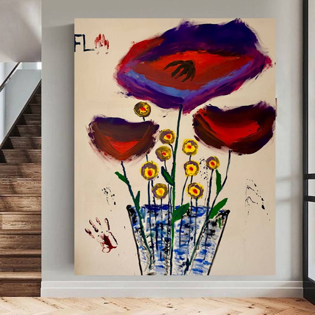 Gauthier Bruel, Red and Yellow Flowers, Acrylic on Canvas, 2024