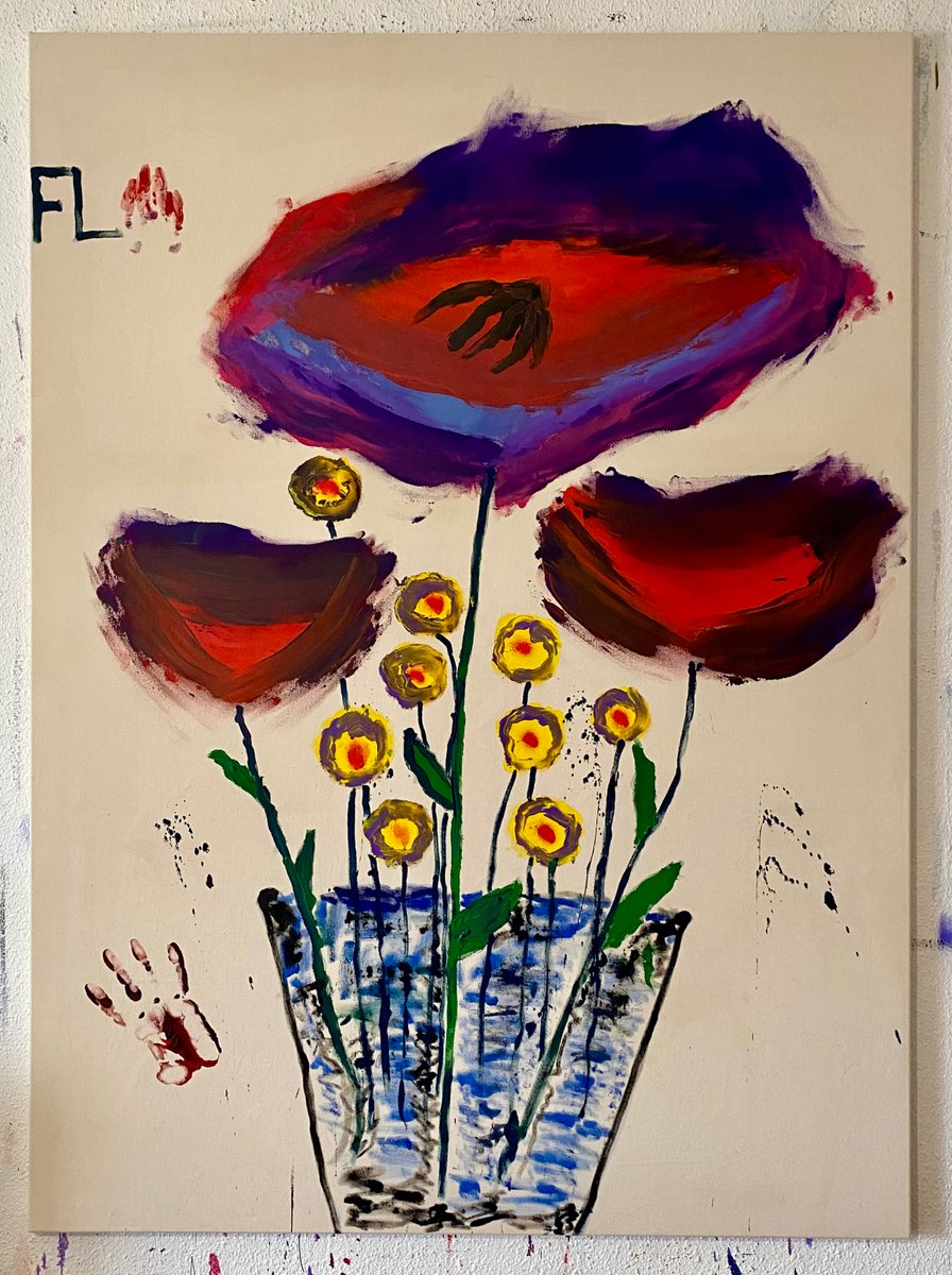 Gauthier Bruel, Red and Yellow Flowers, Acrylic on Canvas, 2024