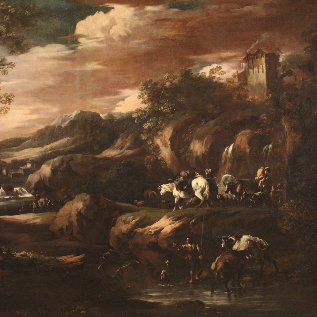 Genoese School Artist, Landscape with Figures, 1740, Oil on Canvas